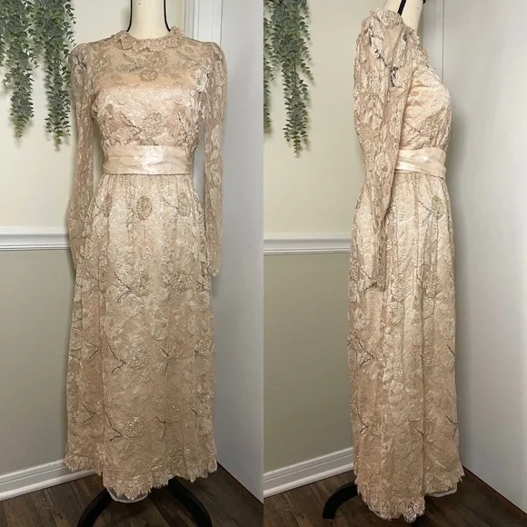 Vintage Rina Di Montella Nude Lace + Sequin Midi Dress Size 6 - Picture 2 of 10